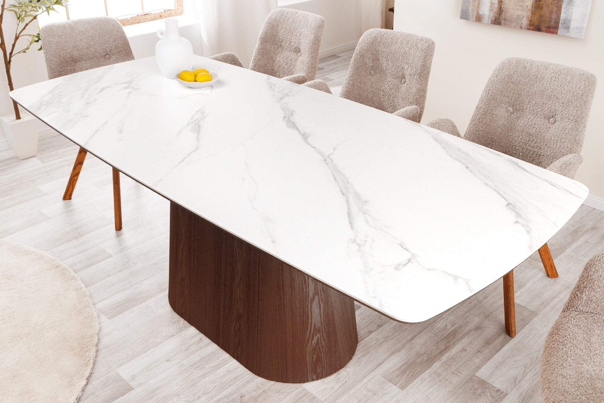 UNIQUE fehér kerámia étkezőasztal diófa vázzal 200 cm