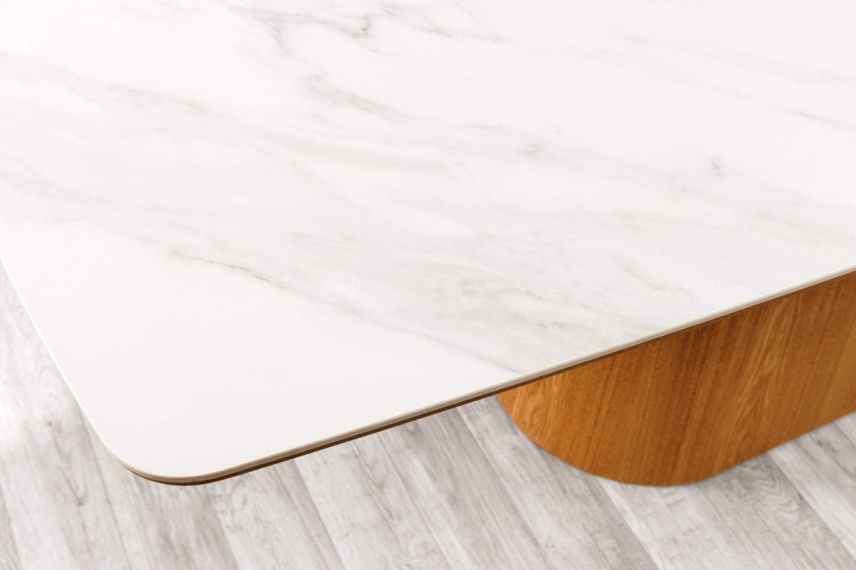 UNIQUE fehér kerámia étkezőasztal tölgyfa vázzal 200 cm