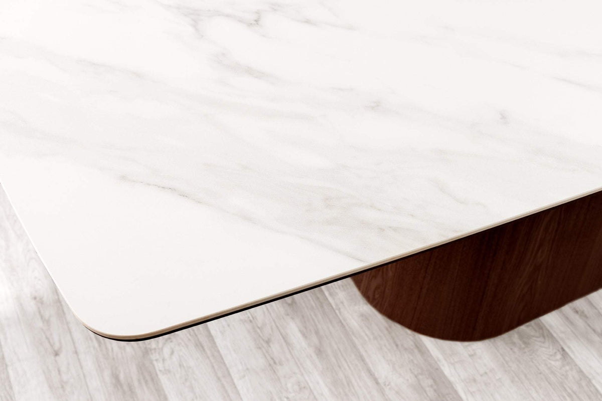 UNIQUE fehér kerámia étkezőasztal diófa vázzal 200 cm