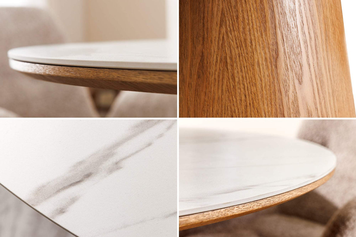 UNIQUE fehér kerek kerámia étkezőasztal tölgyfa vázzal 120 cm