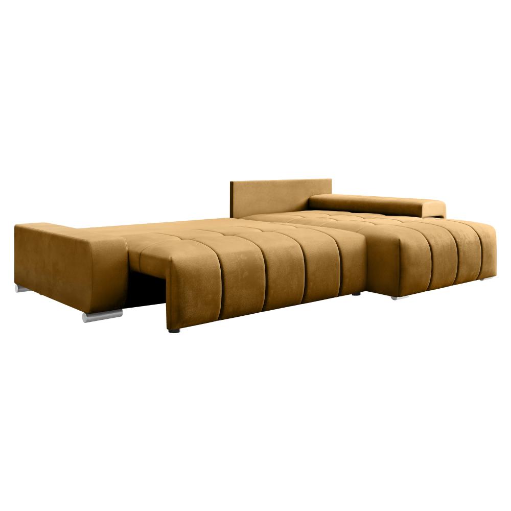 VEZAN L alakú mustársárga bársony kihúzható kanapé
