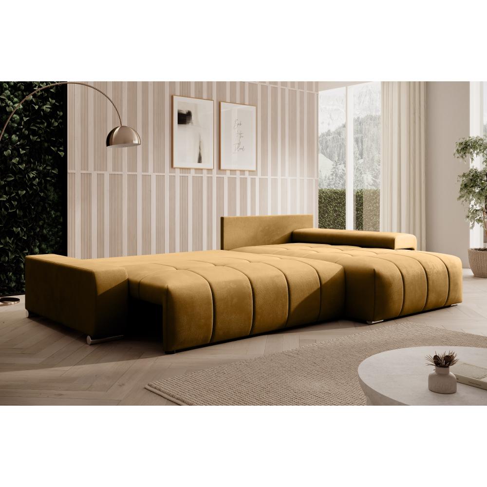 VEZAN L alakú mustársárga bársony kihúzható kanapé