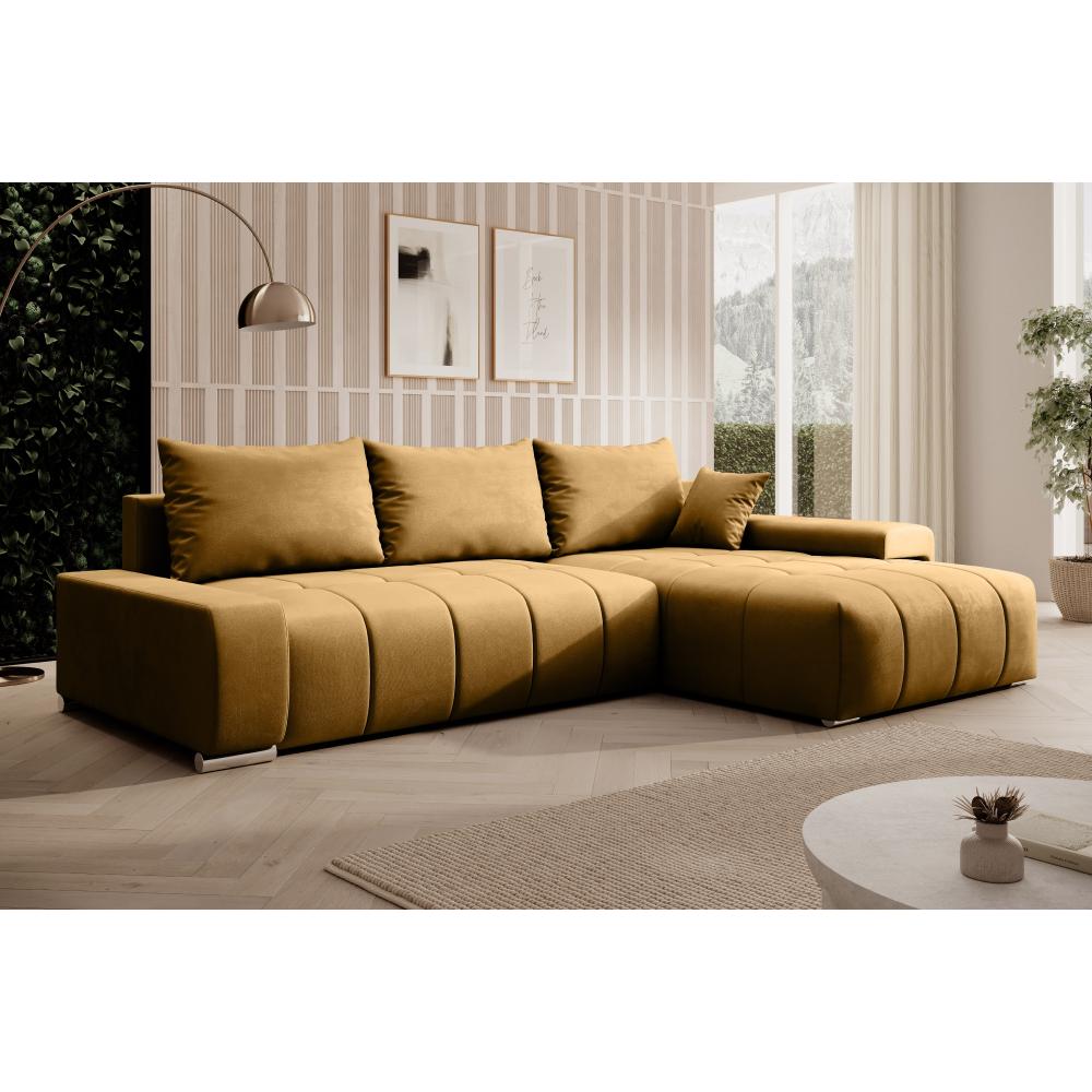 VEZAN L alakú mustársárga bársony kihúzható kanapé