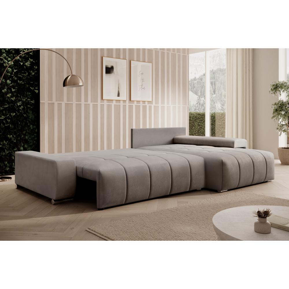 VEZAN L alakú szürke bársony kihúzható kanapé