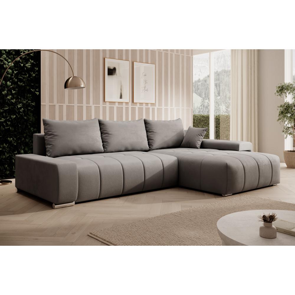 VEZAN L alakú szürke bársony kihúzható kanapé