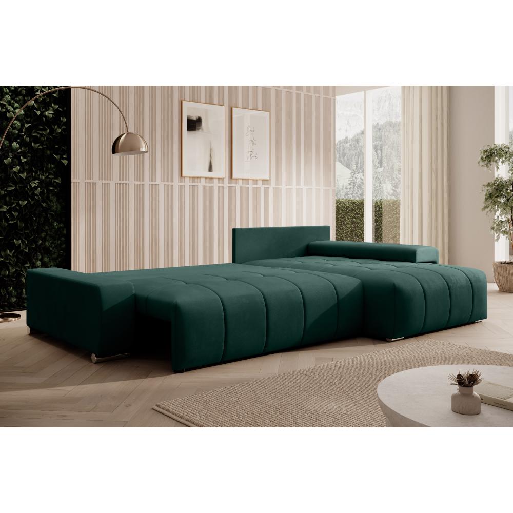 VEZAN L alakú smaragdzöld bársony kihúzható kanapé