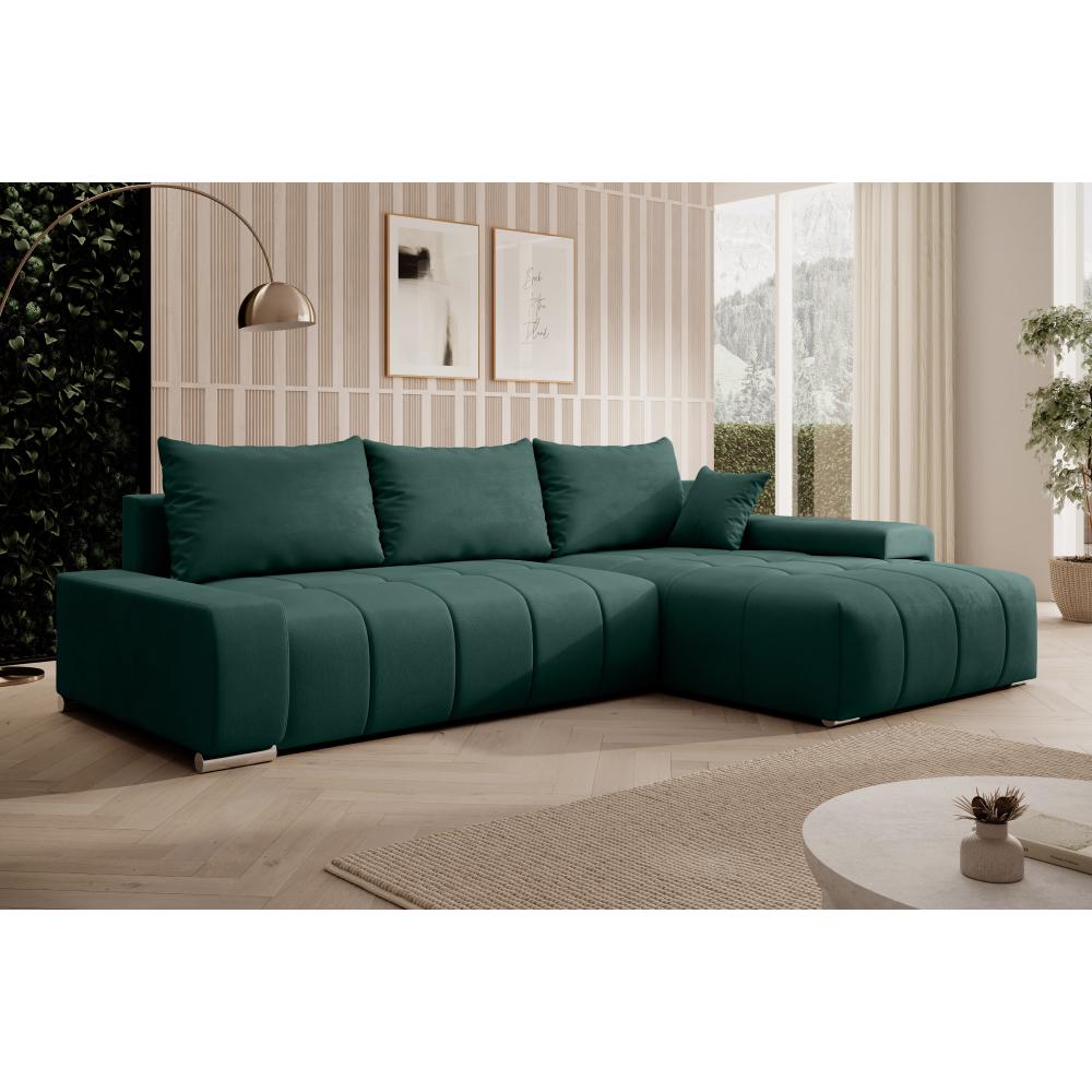 VEZAN L alakú smaragdzöld bársony kihúzható kanapé