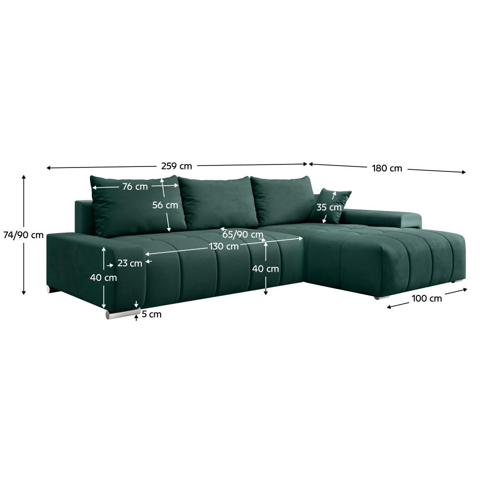 VEZAN L alakú smaragdzöld bársony kihúzható kanapé