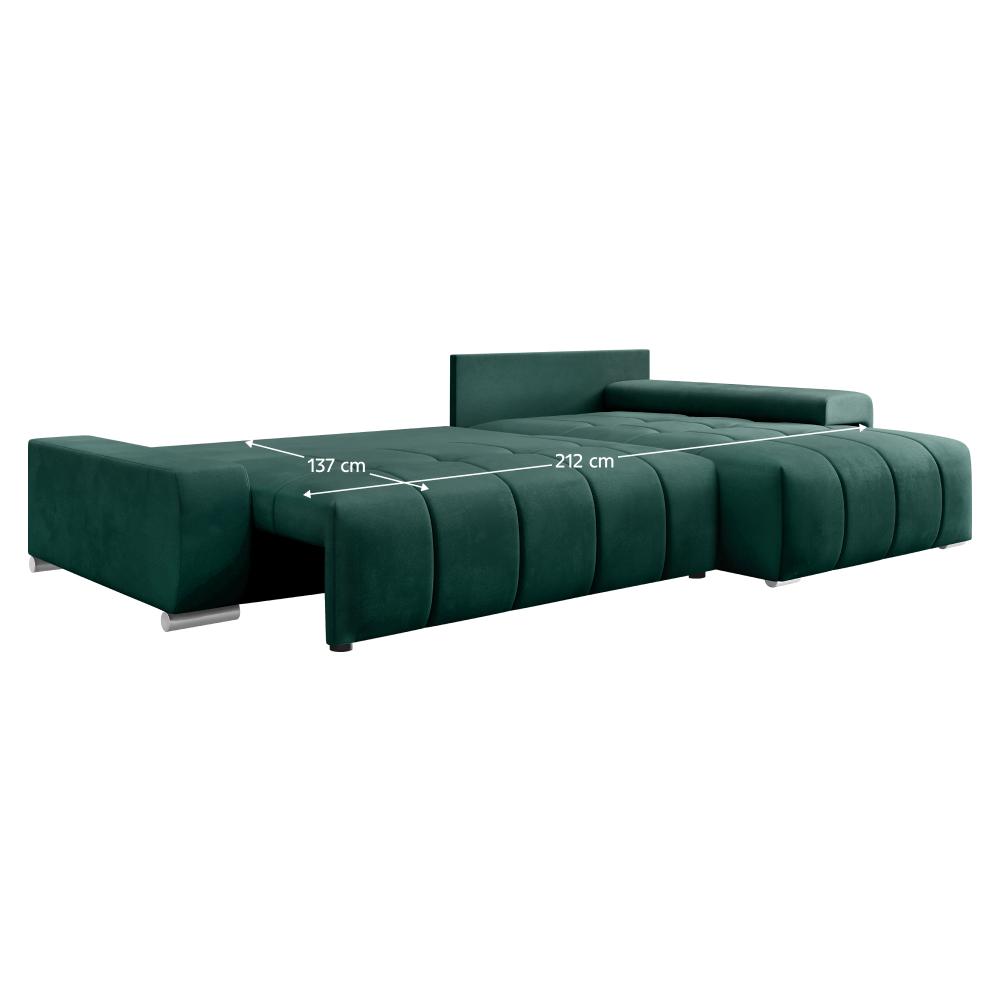 VEZAN L alakú smaragdzöld bársony kihúzható kanapé