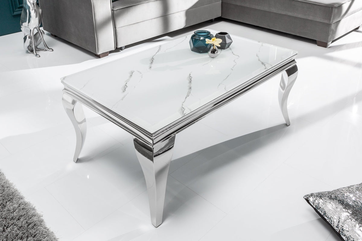Dohányzóasztal - MODERN BAROCK fehér üveg márványmintás dohányzóasztal 100x60x45