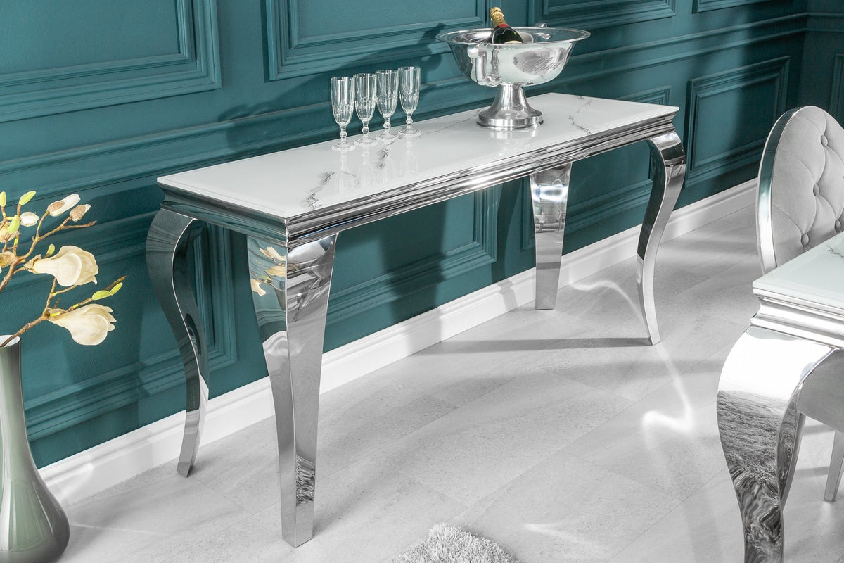 Konzolasztal - MODERN BAROCK fehér üveg márványmintás konzolasztal 145x50x75
