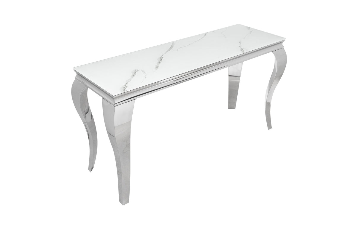 Konzolasztal - MODERN BAROCK fehér üveg márványmintás konzolasztal 145x50x75